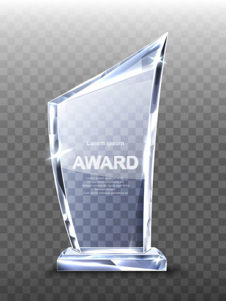 Award glass trophy on transparent background. Award glass trophy isolated on transparent background. Acrylic plexiglass transparent shiny prize for victory in business or sport competition design element Realistic 3d vector illustration, clip art trophy award stock illustrations