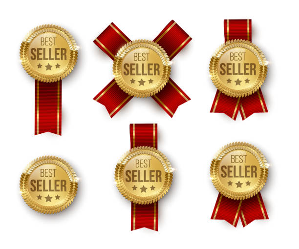 Award medal 3d realistic vector color illustrations set Award medal 3d realistic vector color illustrations set. Reward. Best seller golden medal with stars. Certified product. Quality badge, emblem with red ribbon. Winner trophy. Isolated design element best sellers stock illustrations