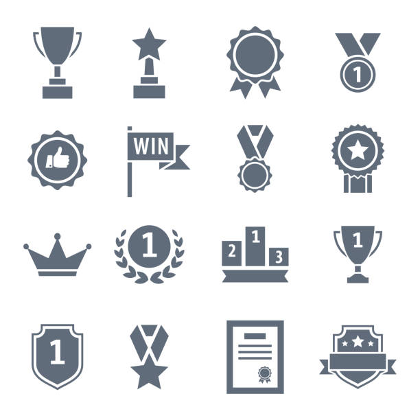 Award, trophy, cup and medal flat icon set - black illustration Award, trophy, cup and medal flat icon set - black illustration medal stock illustrations