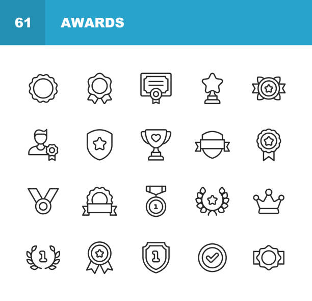 Awards and Achievement Line Icons. Editable Stroke. Pixel Perfect. For Mobile and Web. Contains such icons as Award, Medal, Gold, Achievement, Success, Podium, Winning. 20 Awards and Achievement Outline Icons. award icons stock illustrations