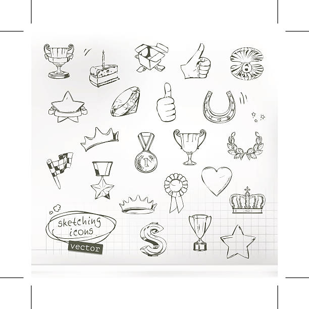 Awards and achievement, sketches of icons vector set Awards and achievement, sketches of icons vector set, eps10 illustration contains transparency and blending effects. award drawings stock illustrations