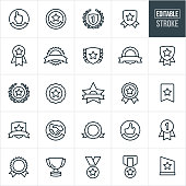 A set of awards and ribbons icons that include editable strokes or outlines using the EPS vector file. The icons include ribbons, awards, trophies, medals, plaques, seals and banners to name a few.