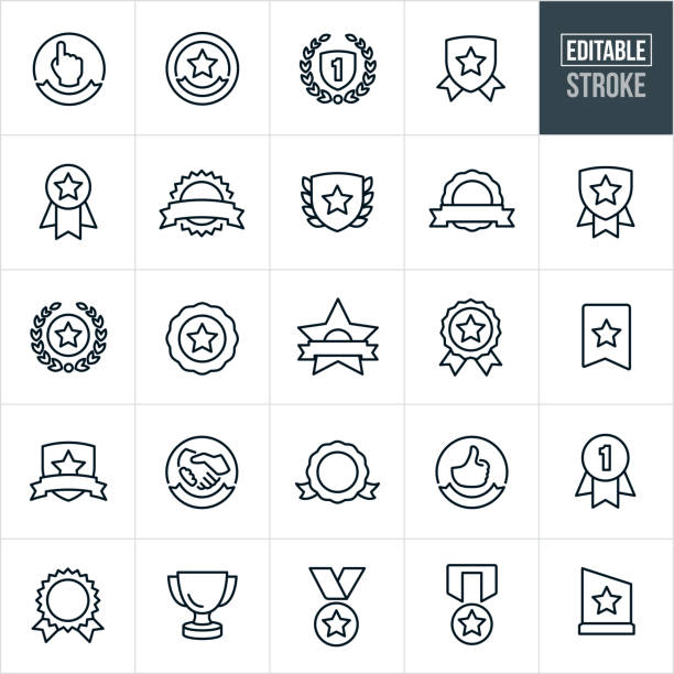 A set of awards and ribbons icons that include editable strokes or outlines using the EPS vector file. The icons include ribbons, awards, trophies, medals, plaques, seals and banners to name a few.