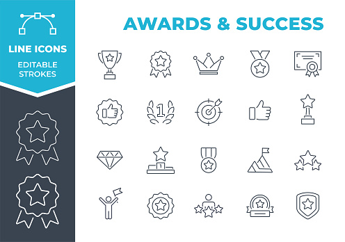 Set of icons: Awards, Success, Cup, Meadal, Leadership, Certificate, Laurel Wreath, First Place