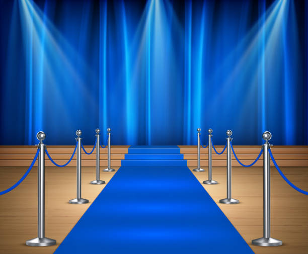 Awards show background with blue curtains and blue carpet between rope barriers vector art illustration