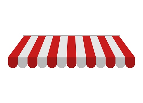 Awning isolated on white background. Striped red and white sunshade for shops, cafes and street restaurants. Outside canopy from the sun