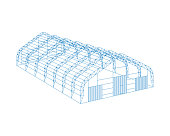 Awning tarpaulin tent temporary warehouse exhibition tunnel hall aircraft hangar project. Barn construction building wireframe carcass structure. Clear cut frame. Vector isometric illustration