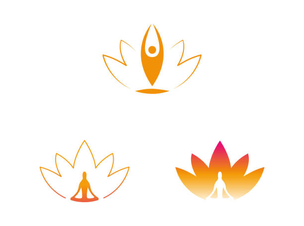 Ayurveda yoga meditation calm lotus sitting man company logo orange bright vector art illustration