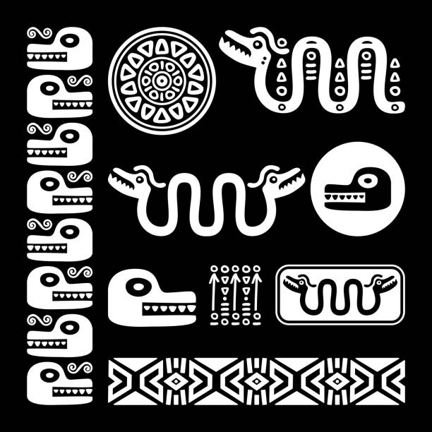 Aztec animals, Mayan snake, ancient Mexican vector design set in white on black background Abstract Maya and Aztec art animals and symbols, retro patterns set inspired by Mayan decorations snake head stock illustrations