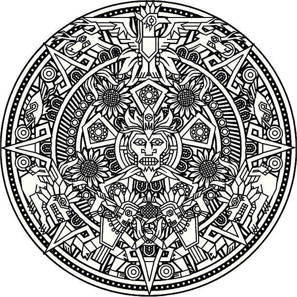 Aztec Mandala Black and white circular aztec pattern aztec civilization stock illustrations