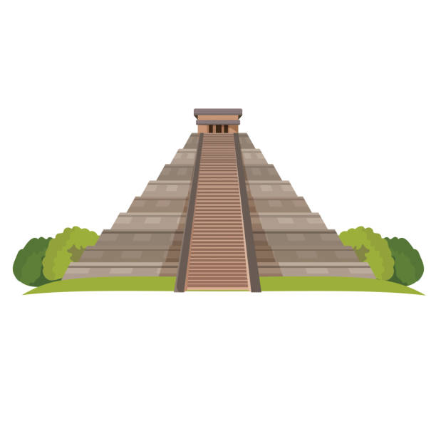 Aztec pyramid with green bushes at base isolated on white. Realistic vector Aztec pyramid with green bushes at base isolated on white. Realistic vector illustration of Mayan Pyramid landmark in central Mexico.Temple of Kukulkan or El Castillo Pyramid in Chichen Itza architecture clipart stock illustrations