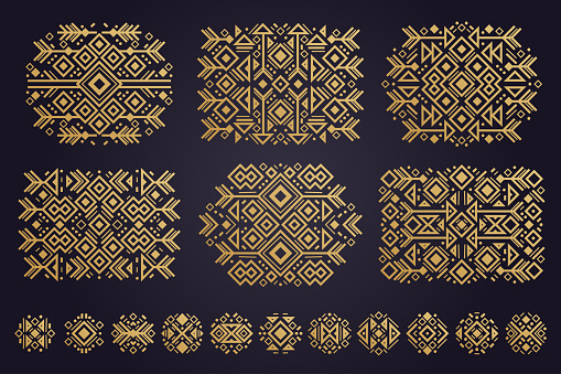 Aztec vector elements. Set of ethnic ornaments. Tribal design, geometric symbols for border, frame, tattoo, logo, cards, decorative works. Navajo motifs, isolated on black background. Vector