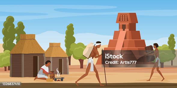 istock Aztec village landscape with tribe people, ancient maya altar pyramid and walking men 1326837410