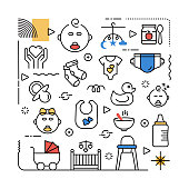 istock Baby and Motherhood Related Design Element. Pattern Design with Outline Icons. Colorful Vector Illustration 1350870746