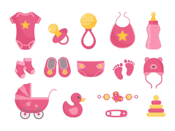 Baby born vector illustration set - various toddler equipment for little girl in flat style. Baby born vector illustration set - various toddler equipment for little girl in flat style. Pink newborn nursing and health care and hygiene products isolated on white background. baby carriage stock illustrations