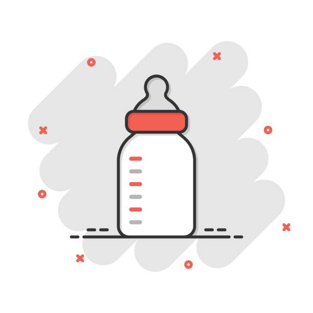 Baby bottle icon in comic style. Milk container cartoon vector illustration on white isolated background. Drink glass splash effect business concept. Baby bottle icon in comic style. Milk container cartoon vector illustration on white isolated background. Drink glass splash effect business concept. baby formula stock illustrations