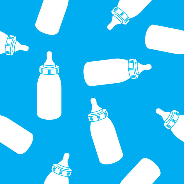 Baby Bottle Pattern Silhouette 2 Vector illustration of baby bottles in a repeating pattern against a blue background. baby formula stock illustrations