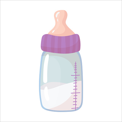 Baby bottle with a pacifier. Baby food. Artificial feeding of newborns. Vector illustration isolated on white background.
