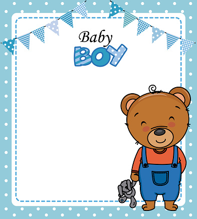 Baby boy shower card. Cute bear with teddy