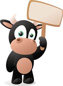 Fully editable vector illustration of a baby cartoon bull holding a blank sign ready for you to input text of your choice.