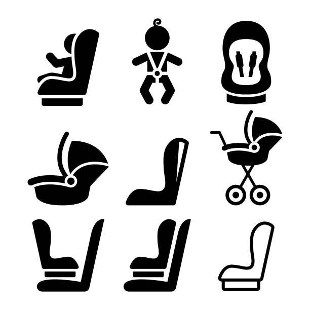 Baby car seat, toddle car seat - safe child traveling icons Vector icons set - baby car seat black design isolated on white baby carriage stock illustrations