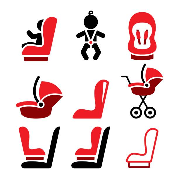 Baby car seat vector icons, toddle car seat - safe child traveling icons Vector icons set - baby car seat design isolated on white car safety seat stock illustrations