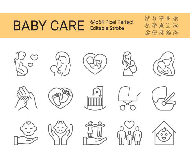 illustrazioni stock, clip art, cartoni animati e icone di tendenza di set di icone per la cura del bambino e la sicurezza. tratto vettoriale modificabile. 64x64 pixel perfetto. - allattamento