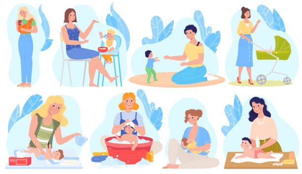 opieka nad dziećmi, ilustracje wektorowe karmienia piersią, płaski zestaw kreskówek z karmieniem piersią postaci matki, podawanie mleka noworodka, karmienie gry - baby formula stock illustrations