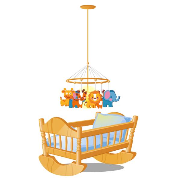 stockillustraties, clipart, cartoons en iconen met baby carrousel met speelgoed opknoping over houten kinderbed geïsoleerd op een witte achtergrond. vectorillustratie cartoon close-up - cradle to cradle