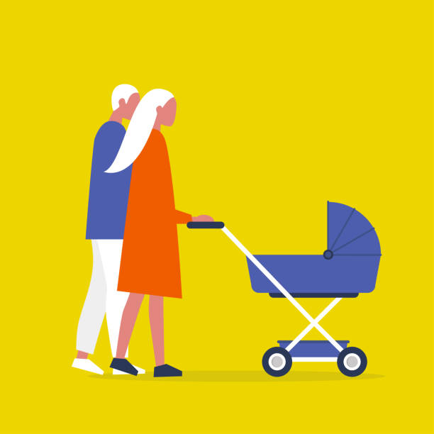 Baby carriage. Pram. A couple of characters walking with a stroller. Modern parenthood. Flat editable vector illustration, clip art  baby carriage stock illustrations