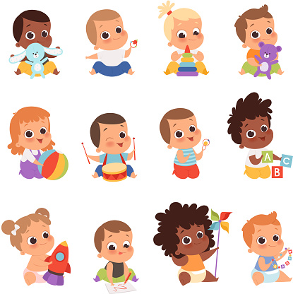 Baby characters. New born kids playing toys happy childhood small little one vector babies
