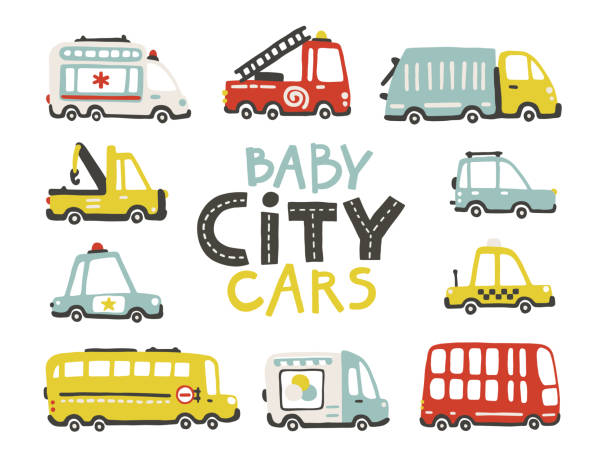Baby city cars collection. Cute funny transport. Vector cartoon illustrations in simple childish hand-drawn Scandinavian style for children. Fire, ambulance, police, bus, etc Baby city cars collection. Cute funny transport. Vector cartoon illustrations in simple childish hand-drawn Scandinavian style for children. Fire, ambulance, police, bus, etc. tow truck police stock illustrations