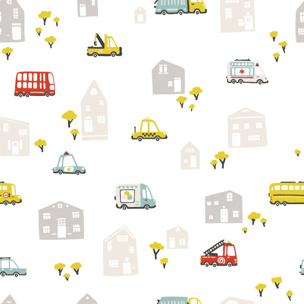 Baby City landscape with transport. Vector seamless pattern. Cartoon illustration in childish hand-drawn scandinavian style. For nursery room, textile, wallpaper, packaging, clothing, etc Baby City landscape with transport. Vector seamless pattern. Cartoon illustration in childish hand-drawn scandinavian style. For nursery room, textile, wallpaper, packaging, clothing, etc. tow truck police stock illustrations