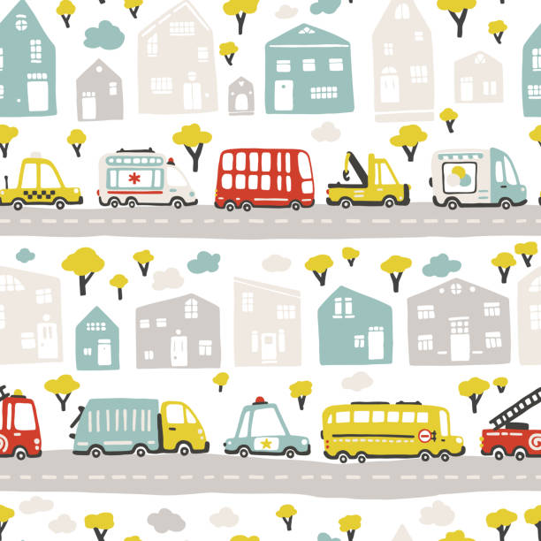 Baby City map with roads and transport. Vector seamless pattern. Cartoon illustration in childish hand-drawn scandinavian style. For nursery room, textile, wallpaper, packaging, clothing, etc Baby City map with roads and transport. Vector seamless pattern. Cartoon illustration in childish hand-drawn Scandinavian style. For nursery room, textile, wallpaper, packaging, clothing, etc. tow truck police stock illustrations
