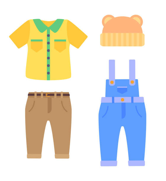 illustrations, cliparts, dessins animés et icônes de collection de vêtements pour bébés pour les garçons dans l’âge des tout-petits - chemise en jeans poche