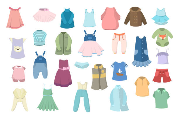 illustrations, cliparts, dessins animés et icônes de ensemble de vêtements de bébé. - mockup vêtement enfants robe