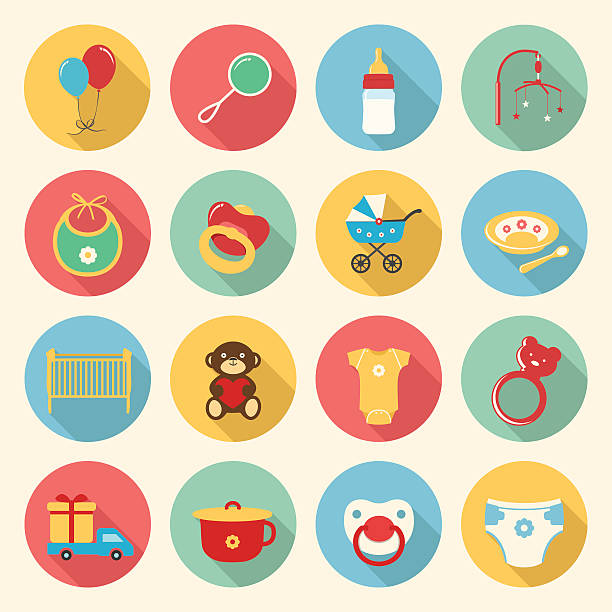 Baby colorful flat design icons set Baby colorful flat design icons set. Template elements for web and mobile applications bed furniture symbols stock illustrations