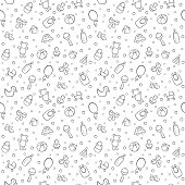 Baby cute seamless pattern. Children texture on white background. Vector illustration in doodle style.