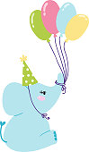 Baby elephant birthday with balloon. Congratulation announcement baby elephant birthday shower party sign. Childhood art arrival graphic baby elephant birthday greeting symbol.