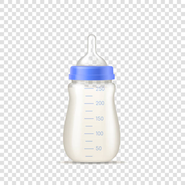 baby feeding bottle realistic. baby bottle for boy with blue cap, volume measure for feed formula - baby formula stock illustrations