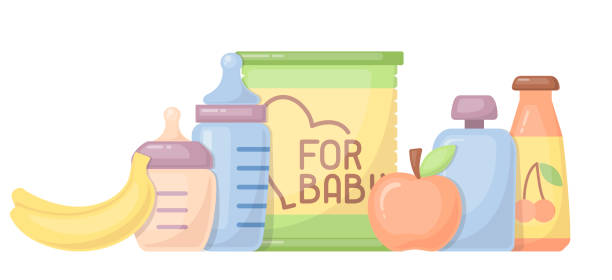 Baby food card with meal elements and baby bottles Baby food card with meal elements and baby bottles. Flat style vector illustration. Suitable for advertising baby formula stock illustrations