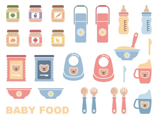 Baby food icon set Baby feeding - flat icon set. Vector iilustration baby formula stock illustrations