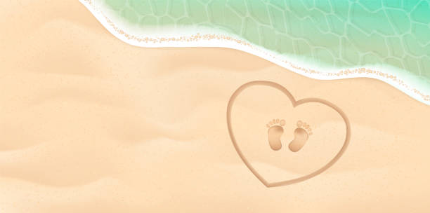 stockillustraties, clipart, cartoons en iconen met de voetafdruk van de baby op de kust. achtergrond met voeten, zand, water. vectorillustratie. de babyvoetafdruk van het strand in de hart en overzeese vectorillustratie. - voeten in het zand