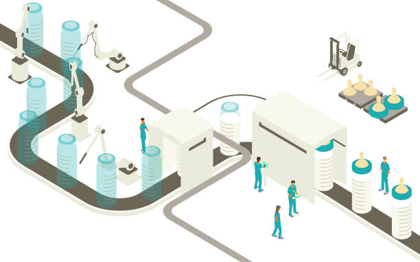 Baby Formula Production Illustration In this conceptual illustration of a baby formula factory floor, workers and machinery rush to produce giant baby bottles filled with milk or formula along a production line. White background provides room for your copy or other design elements if desired. Vector illustration is shown in isometric view. baby formula stock illustrations