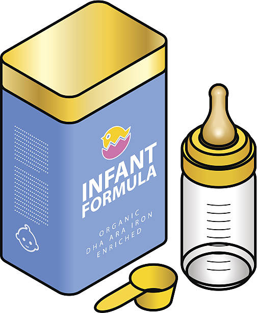 Baby formula A pack of infant formula with an empty bottle and measuring scoop. baby formula stock illustrations