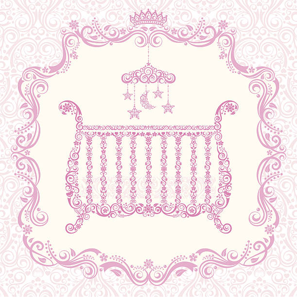 Baby Girl Crib Lacy Style Baby Crib, Mobile, Frame, and Damask Background. Decorated with vines, flowers, ducks, diaper pins, baby rattle, and leaves. Layered File. bed furniture borders stock illustrations