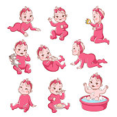 Baby girl. Cute infant with different emotions happy child, crying girls, smiling toddler sitting, playing and crawling vector newborn characters and expressions