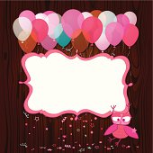 Baby girl frame design with cute little owl, balloons and confetti. All objects are smartly grouped and layered. Large JPG included.