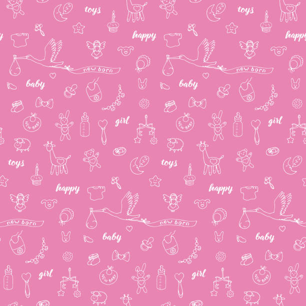 Baby girl doodle and lettering seamless pattern Baby girl doodle and lettering hand drawn seamless pattern on pink background. Cartoon wallpaper with toy, milk bottle, stork, objects and birthday elements. Repeat fashion pattern for textile prints. pregnant backgrounds stock illustrations