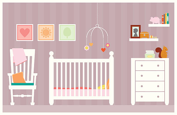 Baby Girl Room A precious little baby girls bedroom or nursery decorated in pastels with toys bed furniture silhouettes stock illustrations